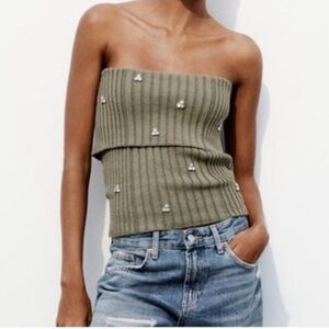 Zara Khaki Jewel Beaded Off the Shoulder or Strapless Convertible Knit Top sz M